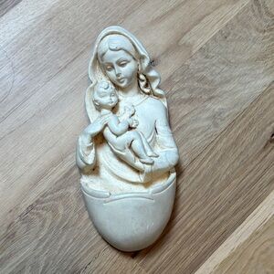 Vintage Madonna and Baby Jesus Holy Water Font Cream Religious Wall Art